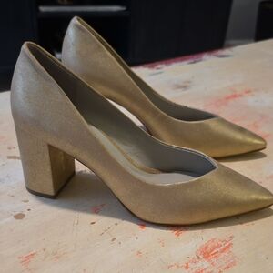 1. State Gold Pointed-Toe Block Heel Pumps